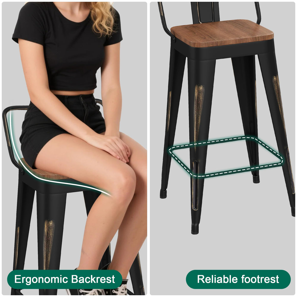 WENTMENT Metal Bar Stools Set of 2 Counter Height Barstools with Removable Back 24" Kitchen Bar Stools with Wooden Seat, Black WENTMENT