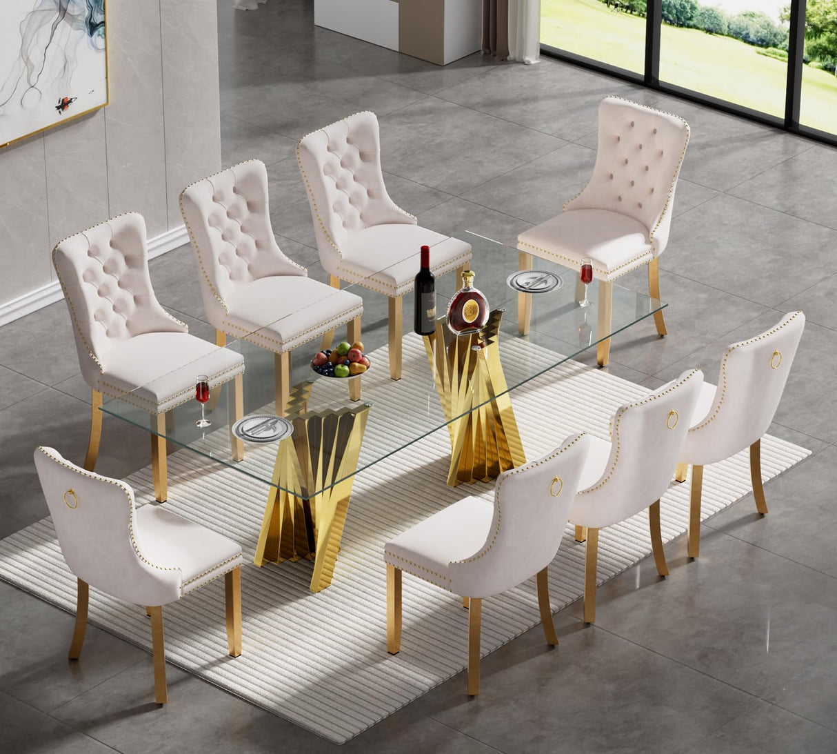 SSLine Modern 9-Piece Glass Dining Table Set for 8 Luxury Gold Glass Kitchen Table and Chair Set for 8 Elegant 70" Large Dining Room Table with 8 Beige Tufted Chairs with Stainless Steel Base SSLine