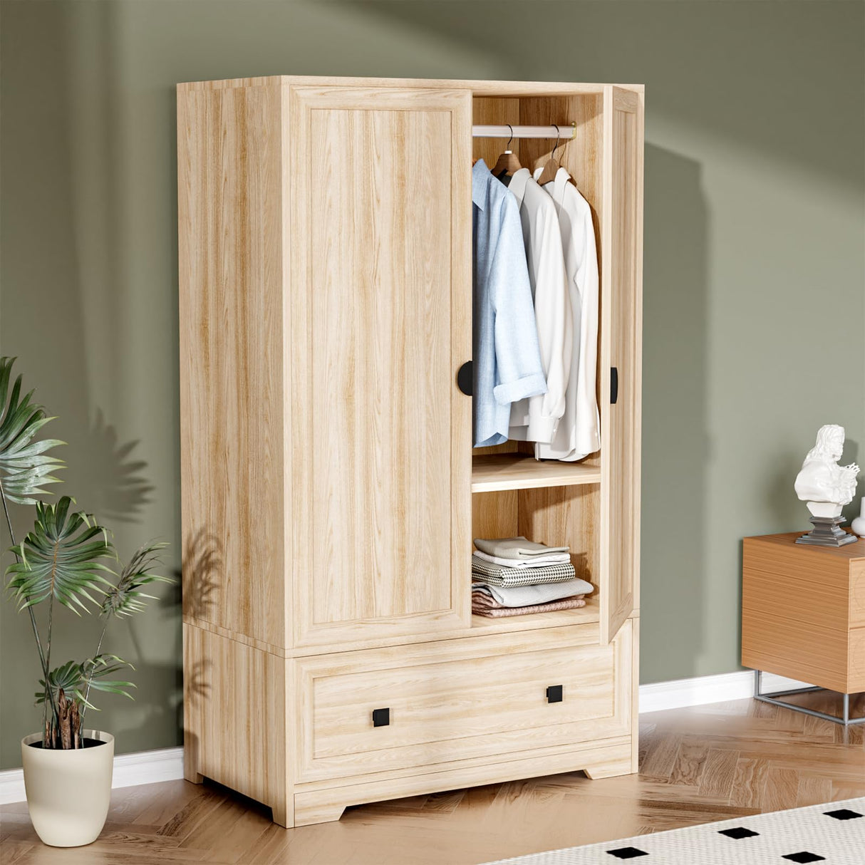 VINGLI Wardrobe Closet, Armoires and Wardrobes with Doors,Hanging Rod, Shelves and Drawer, Freestanding Closet Wardrobe Cabinet, Oak Armoire Wardrobe for Bedroom, Dorm, 38" W x 21" D x 65" H VINGLI