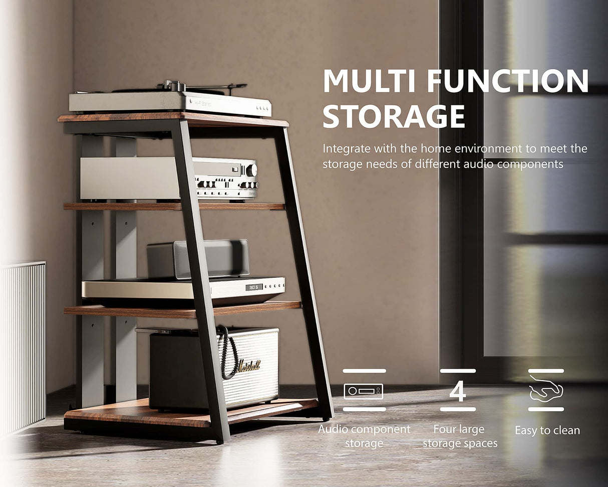 FITUEYES DESIGN 4-Tier AV Media Stand Corner Shelf for Record Player Wooden Stereo Cabinet Audio Rack Tower with Height Adjustable Wooden Shelves for/Apple TV/Xbox One/ps4 (Walnut) FITUEYES