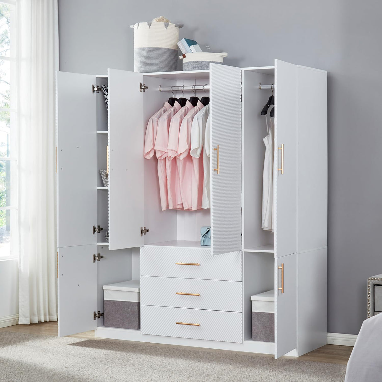 ModMakers 74.2"H Wooden 4 Doors 3 Drawers White Wood Wardrobe Closet Armoire Freestanding Closet Cabinet for Bedroom Bathroom Clothes Storage Closet Wardrobe with Hanging Rod, Wooden Clothes Organizer ModMakers