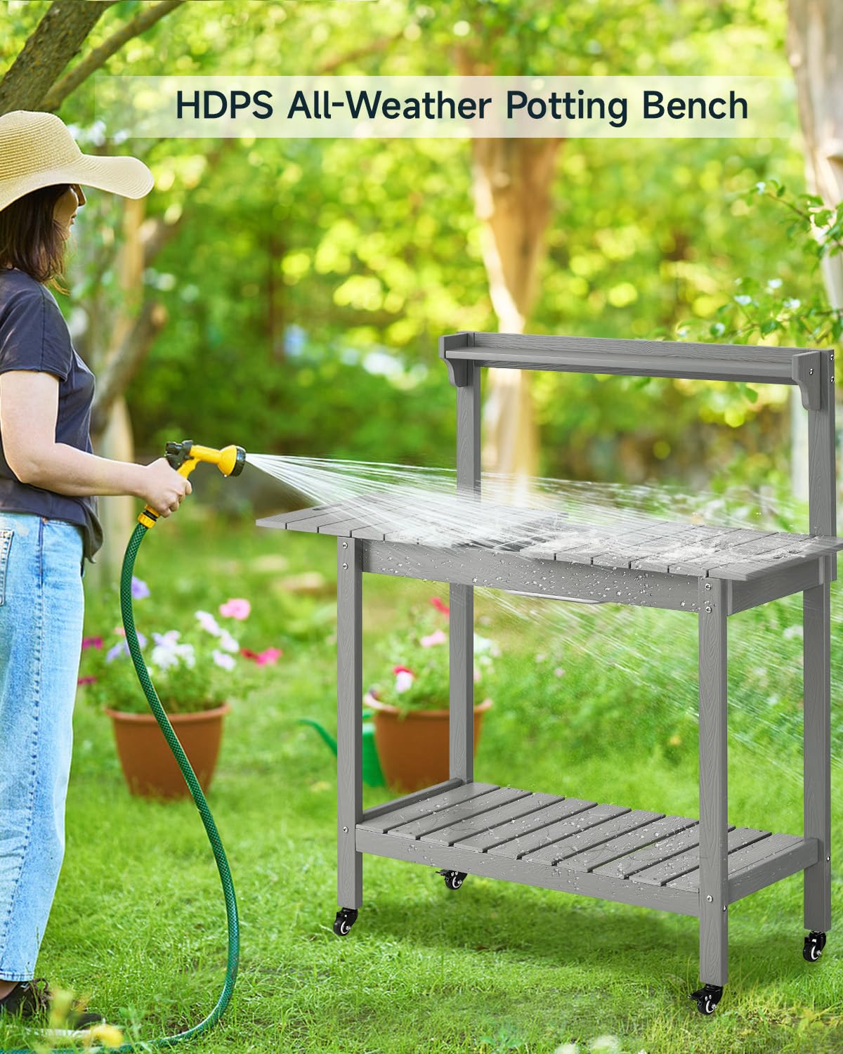 HDPS Outdoor Potting Bench with Sliding Tabletop/ 4 Wheels/Removable Sink, All-Weather Outside Garden Work Table, No Rust/Fade/Break, Potting Station for Porch, Patio & Backyard (Grey) ONBRILL