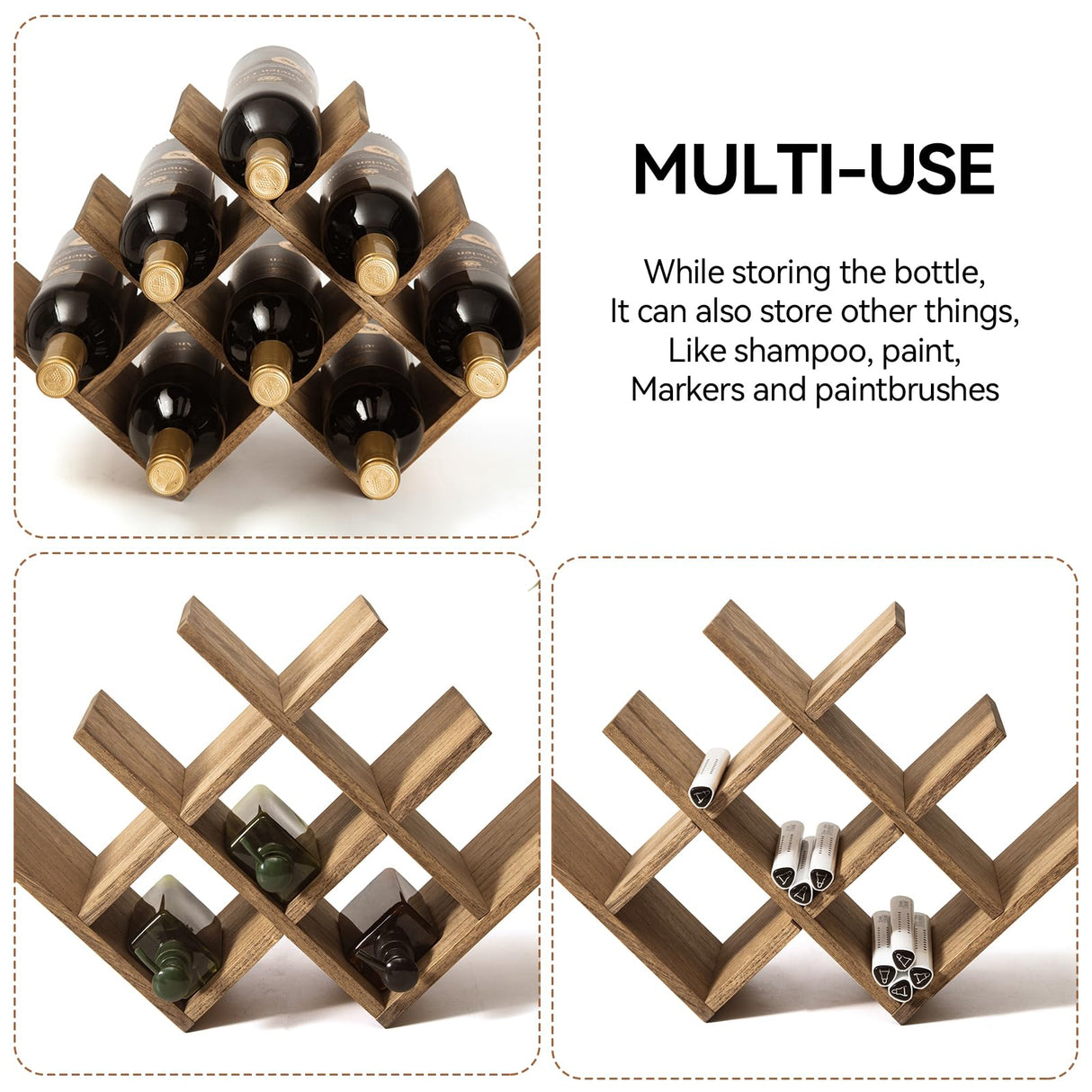 KIRIGEN 8-Bottle Countertop Wine Rack - Wine Bottle Holder for Bar Table/Wine Cabinet Free Standing - Wood 3-Tier Wine Display and Storage Shelves Dark Brown XHJJ3-DBR KIRIGEN