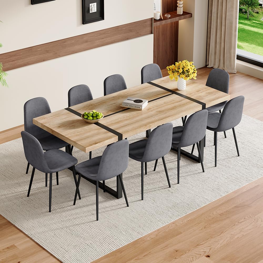 86.6" Dining Table Set for 10, Modern 11 Piece Wood Kitchen Table and Chairs Set, Large Rectangle Dining Table with 10 Linen Fabric Upholstered Chairs, Perfect for Family Gatherings and Dining Room UELKS