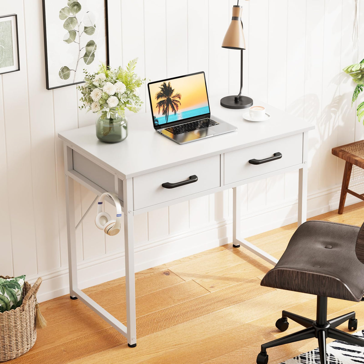 Casaottima 32 Inch Small Office Computer Desk with 2 Drawers & Headphone Hook - Compact Writing Desk for Home Office, Study or Work, Modern Space-Saving Design for Small Spaces, White Casaottima