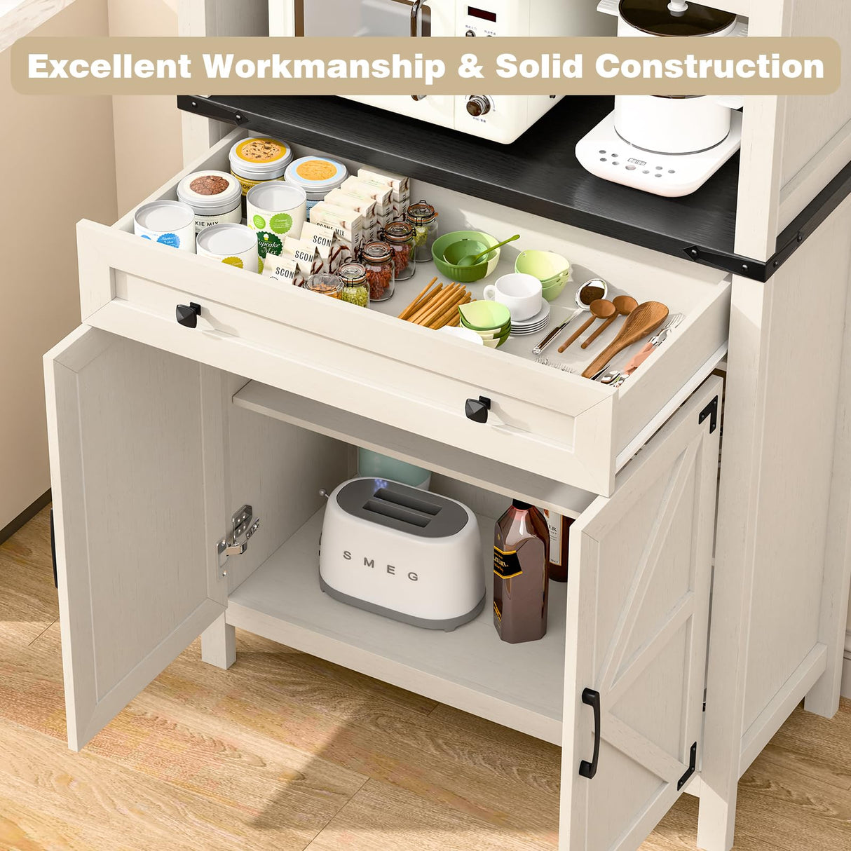 Befrases 72" H Tall Farmhouse Storage Cabinet with Drawer, 6 Tier Kitchen Pantry Organize with 4 Barn Door and Adjustable Shelf, Microwave Stand for Kitchen, Garage, Living, Utility Room, Black Befrases