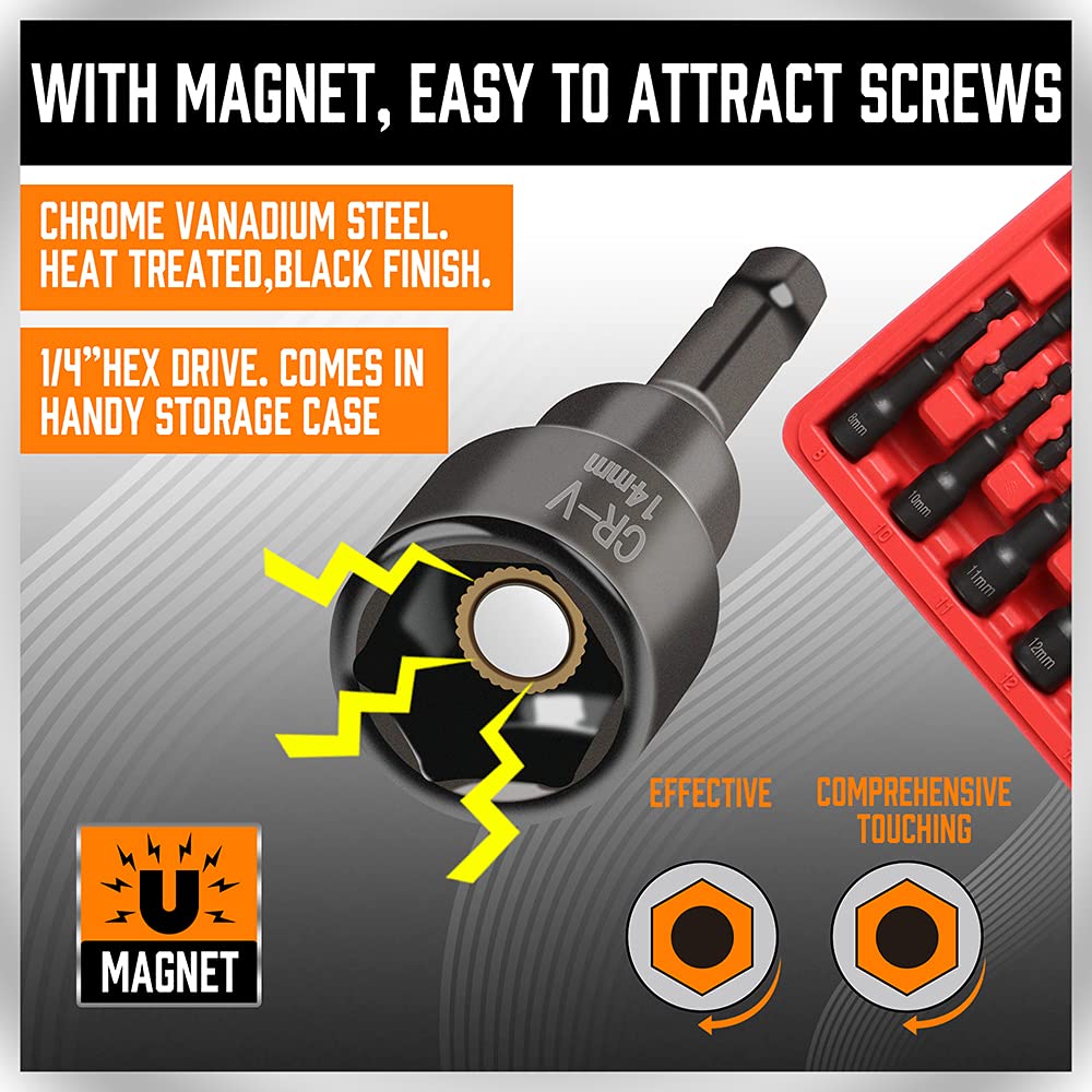 12-Piece Magnetic Nut Driver Set - Premium Impact Power Hex Nut Driver Drill Bit Master Kit, SAE & Metric, 1/4-Inch Quick-Change SEDY
