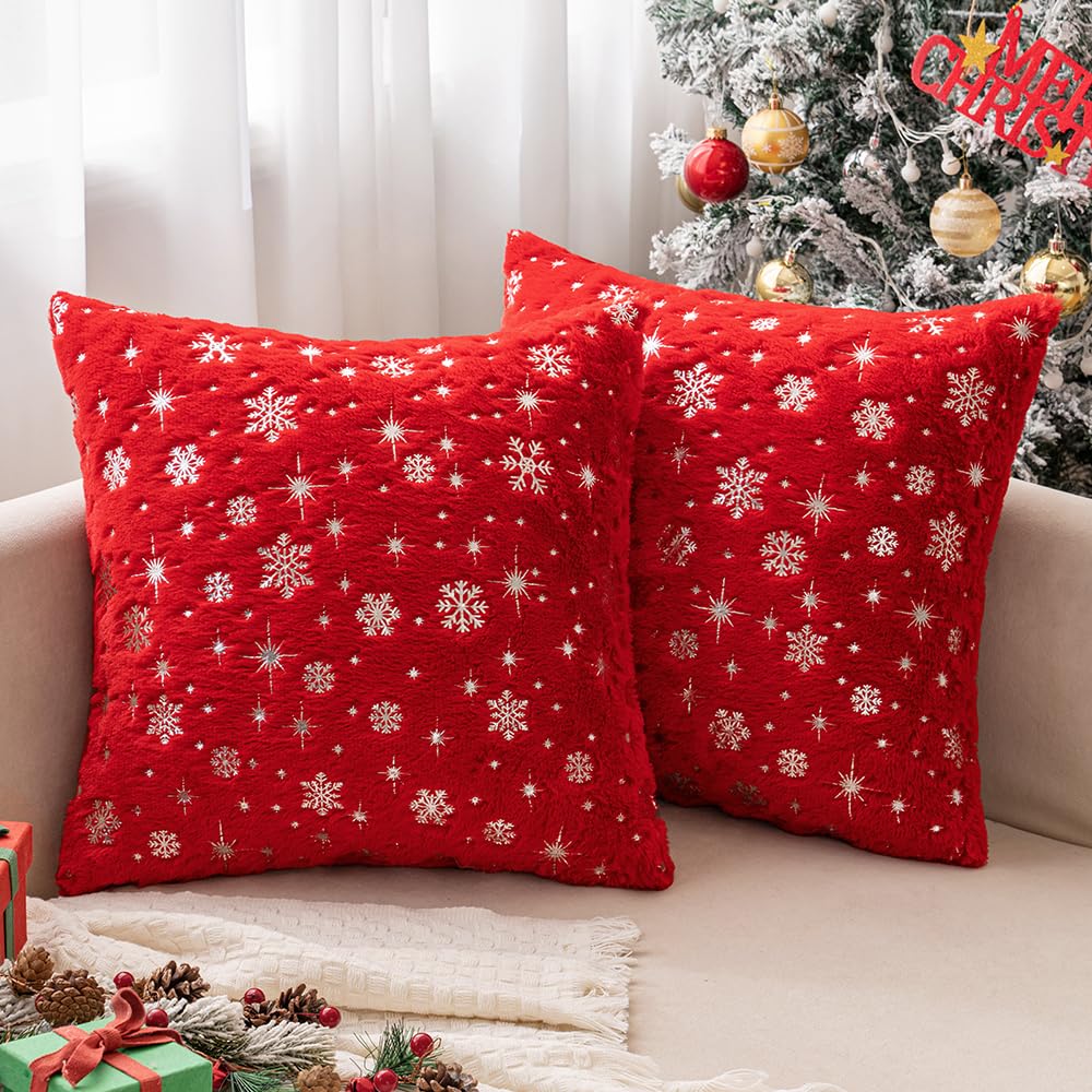MIULEE Set of 2 Christmas Decorative Throw Pillow Covers Soft Faux Fur Winter Pillow Covers with Silver Snowflake Glitter Holiday Festival Pillowcases for Couch Sofa Bed, 18×18inch, Red MIULEE