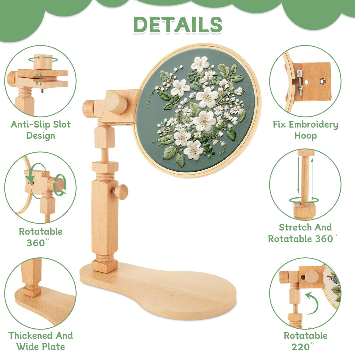 1PCS Embroidery Hoop Stand with 6 PCS 3'' to 8'' Embroidery Hoops Beech Wood Adjustable Rotated Wooden Embroidery Stand, Embroidery Hoop Holder for Cross Stitch and Embroidery Project SENENQU
