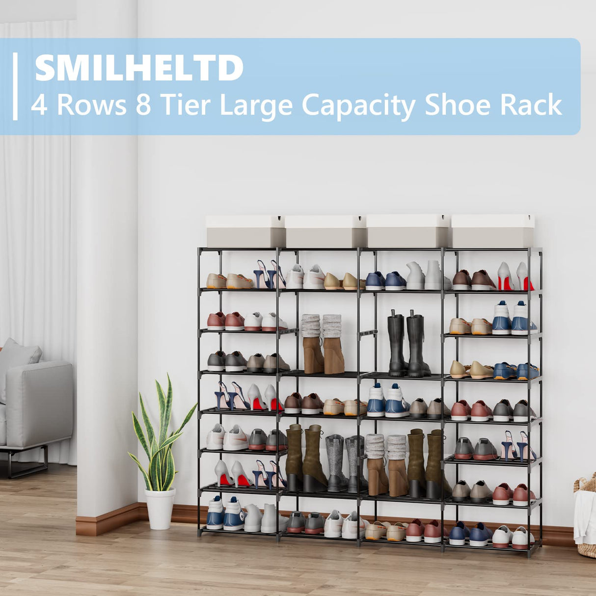SMILHELTD Metal Shoe Rack Large Capacity 4 Rows 8 Tier 56-64 Pairs Shoes Boots Storage Organizer SMILHELTD