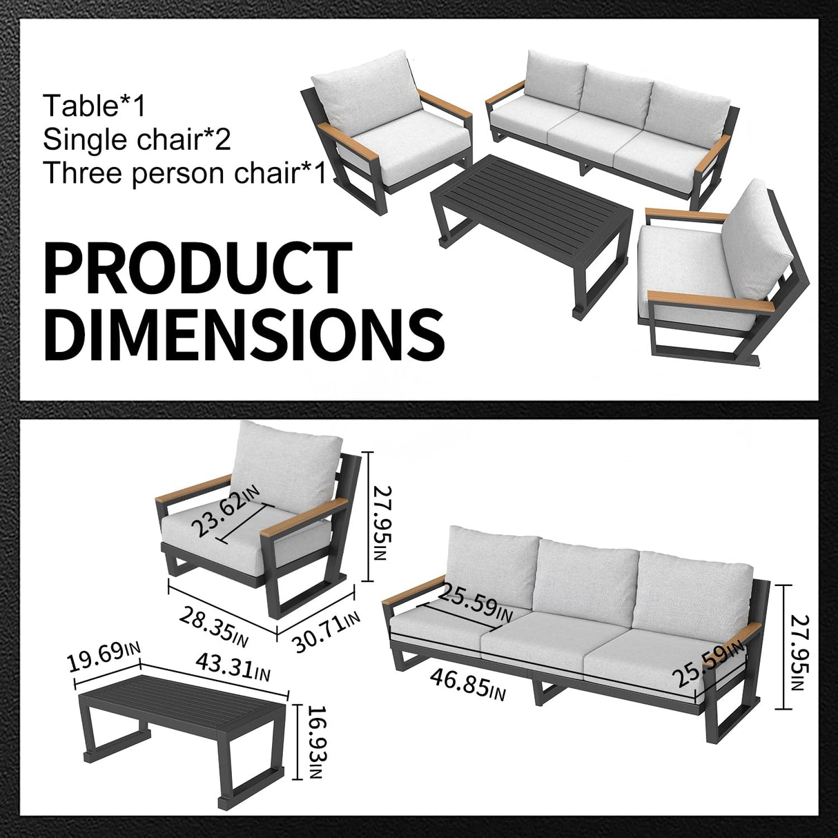 Aug-guan Aluminum Outdoor Sofa,4 Seats Modern Patio Furniture Set,Sectional Sofa Conversation Set with Coffee Table, Upgraded Washable Cushions for Garden Backyard,Grey Aug-guan