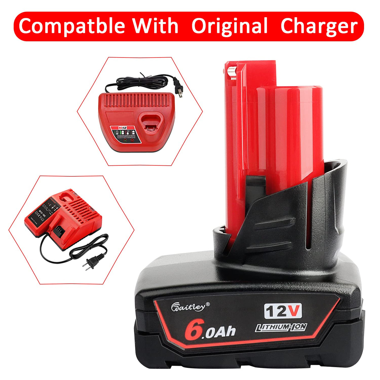 waitley 2 Pack 12V 6A Replacement Battery Compatible with Milwaukee 6.0Ah Power Tools waitley