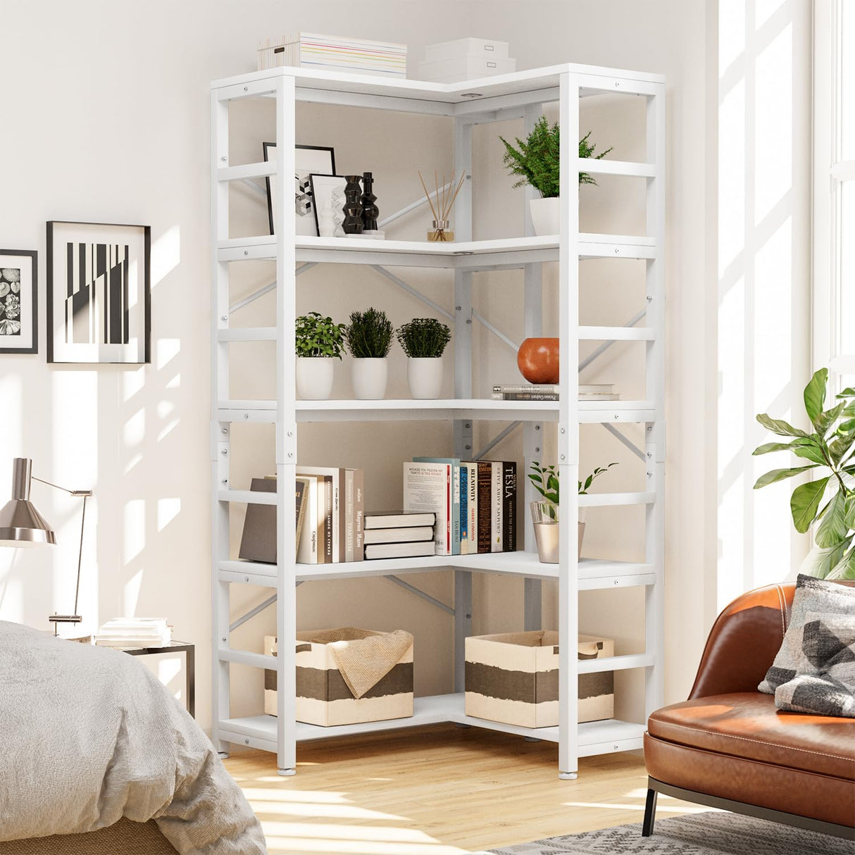 NUMENN 5 Tier Corner Bookshelf, Modern Corner Bookcase, Large Open Shelf Bookcase, Tall Bookshelves Storage Display Rack for Bedroom, Living Room and Home Office, White NUMENN