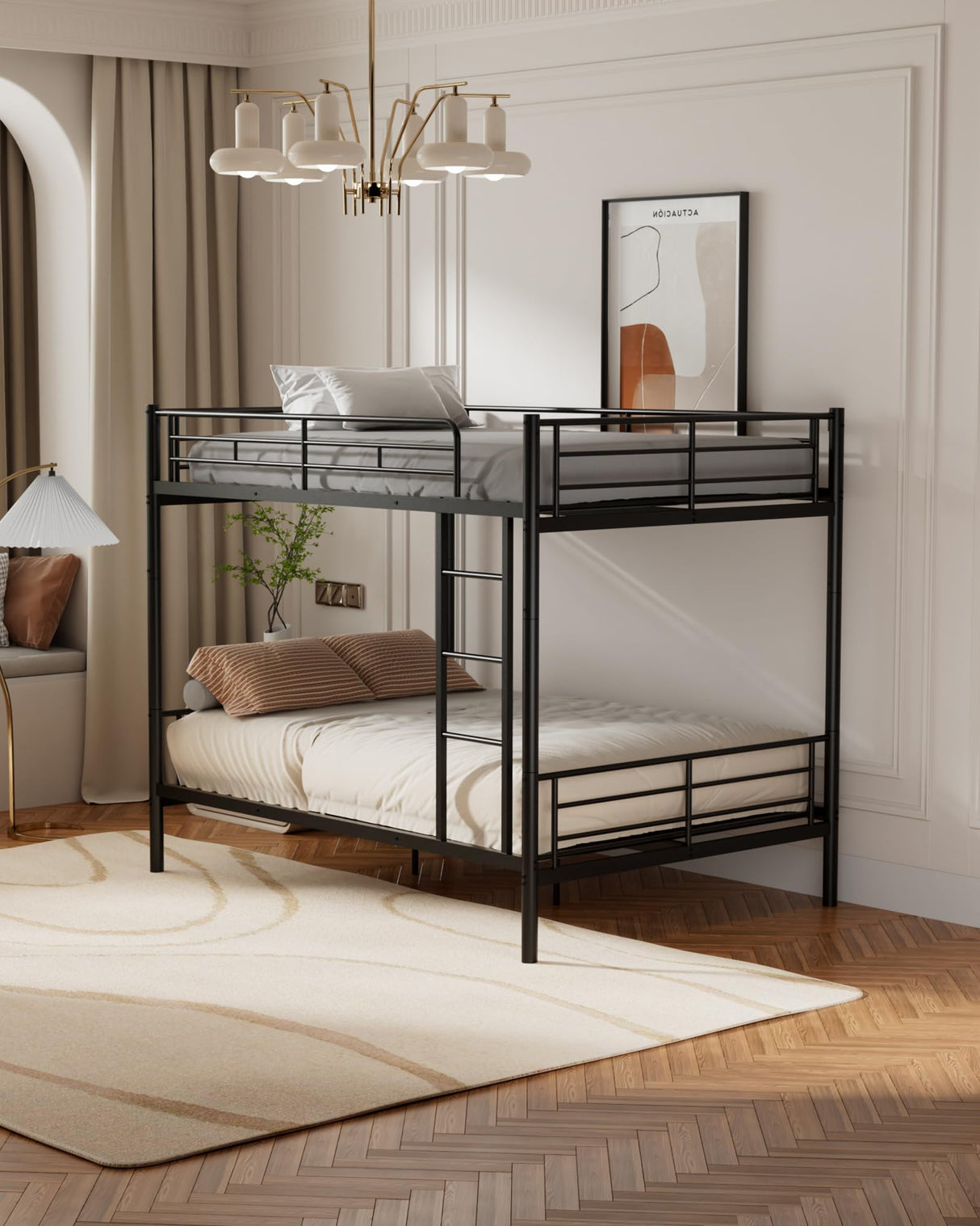 Miscoos Full Over Full Metal Bunk Bed for Kids, Convertible into 2 Separate Full Beds, Heavy Duty Bunk Bed Frame with High Guardrail and Built-in Ladder, No Box Spring Needed, Noise Free, Black Miscoos