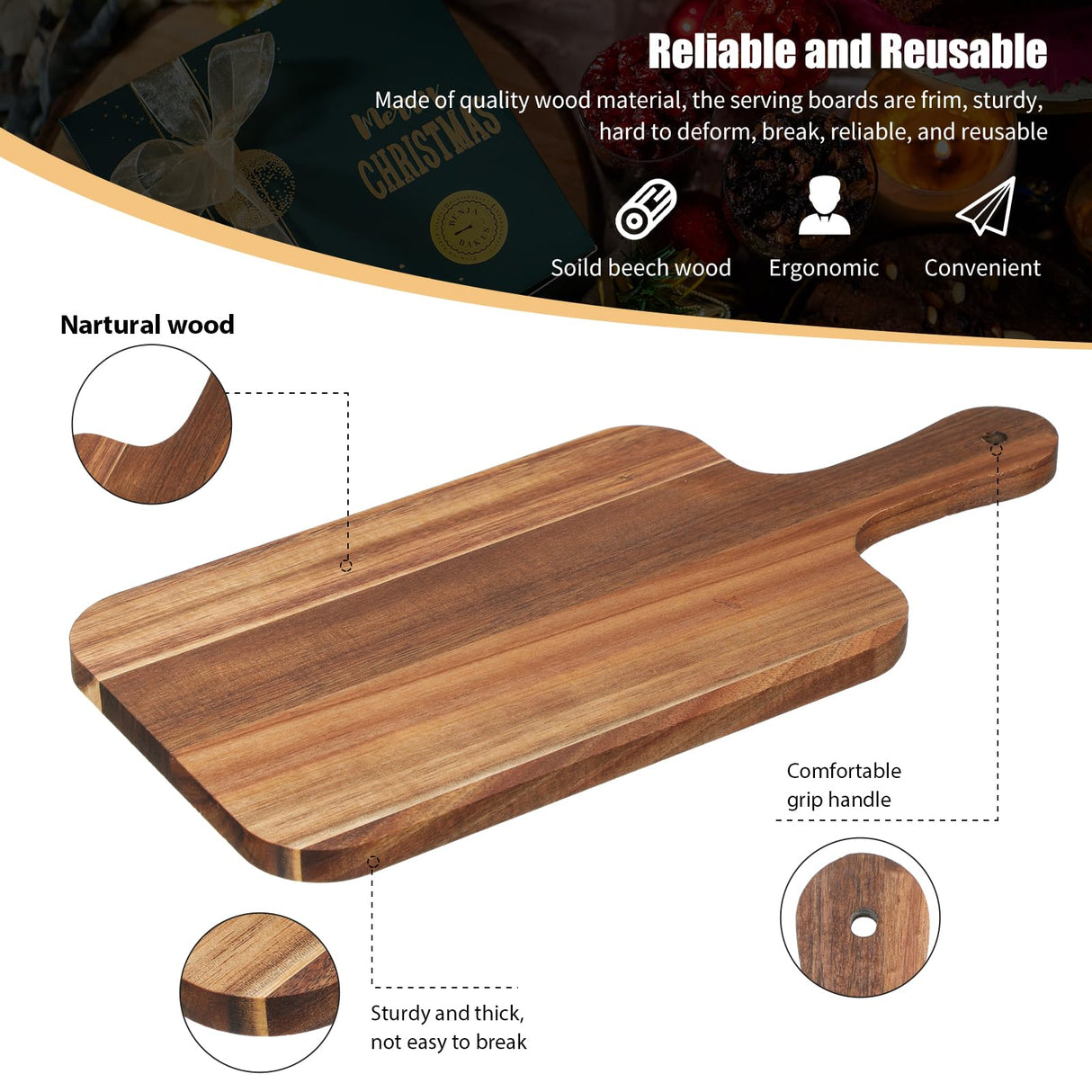 Didaey 6 Pcs Cutting Board Bulk Kitchen Thicken Chopping Board with Handles Wooden Charcuterie Serving Board Blank Wood Boards for Engraving Wedding Housewarming(15 x 7 Inch, Acacia Wood) Didaey