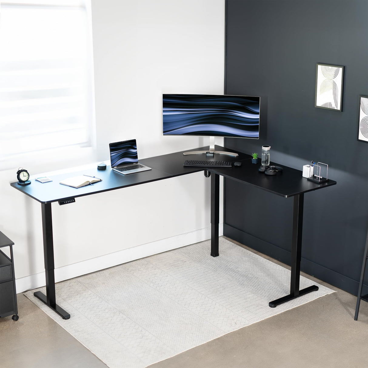 VIVO Electric Corner L-Shaped 84 x 63 in Standing Desk, Memory Height Adjustment, Black Top Black Frame, DESK-E3CTBB-84 VIVO
