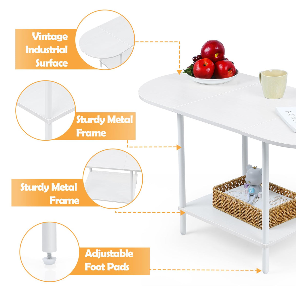 White Coffee Tables for Living Room,2-Tier Small Coffee Table Industrial Modern Oval Center Table with Storage Shelf and Wood Tabletop,for Small Space,Home Office Shinoske