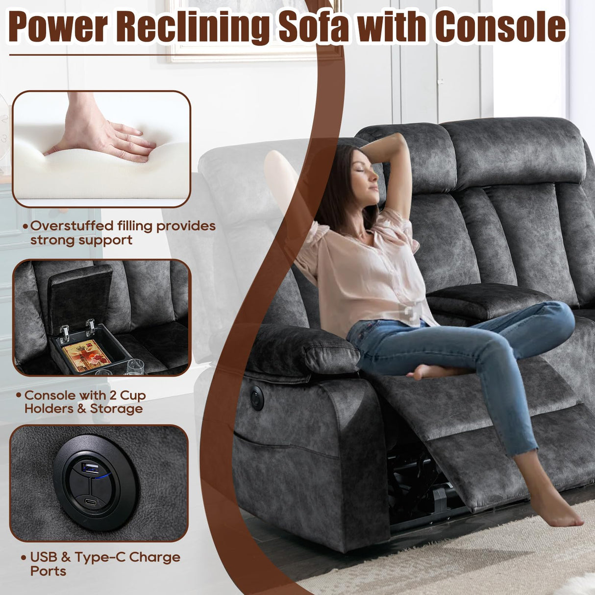 GUEAPY Reclining Loveseat-Power Reclining Loveseat with Console,Love Seat Recliner Sofa,Dual Reclining loveseat with Heat and Massage,Cup Holders, USB & Type-C Charge Ports,Pocket, for Living Room GUEAPY
