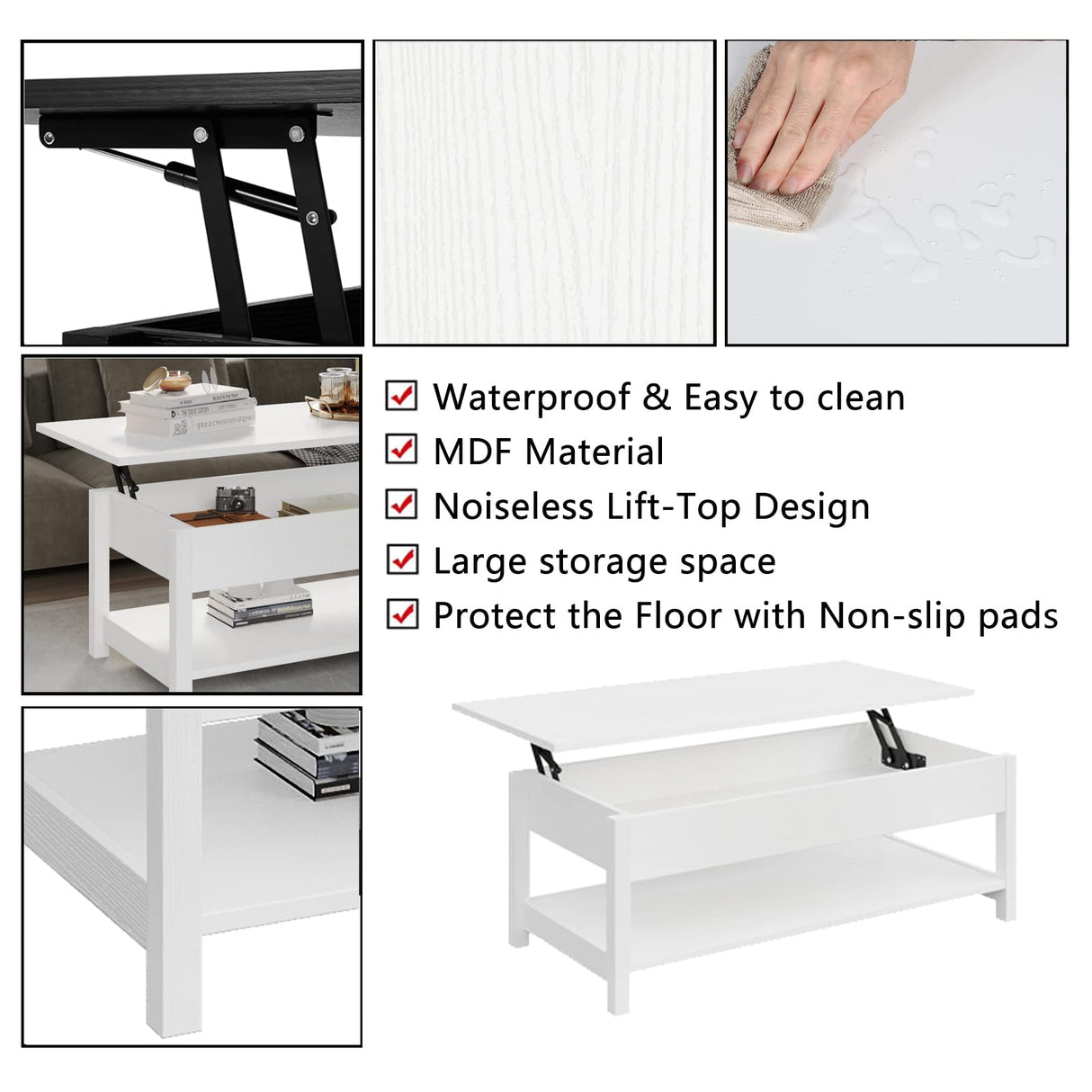 Panana Lift Top Coffee Table with Hidden Compartment and Open Shelf, Lift Tabletop Pop-Up Coffee Table for Living Room, 45.28" L, White Panana