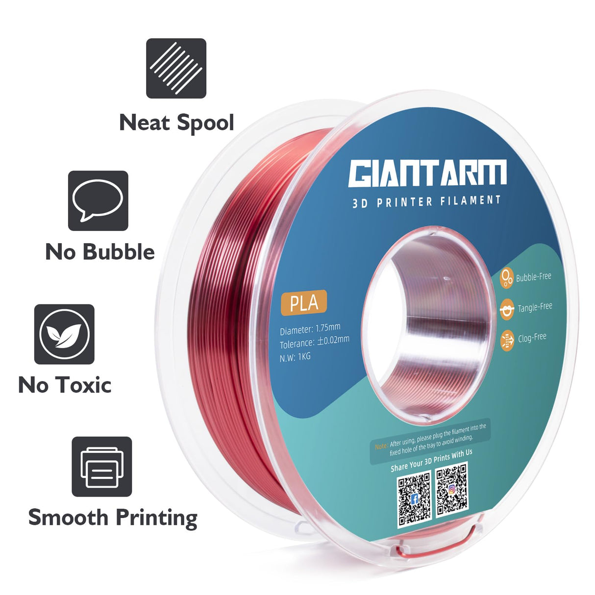 GIANTARM Dual Color PLA Filament, Silk PLA Filament 1.75mm +/-0.02mm,1KG Spool(2.2lbs) Vacuum Packaging, 3D Printing Filaments Fit Most FDM Printer GIANTARM