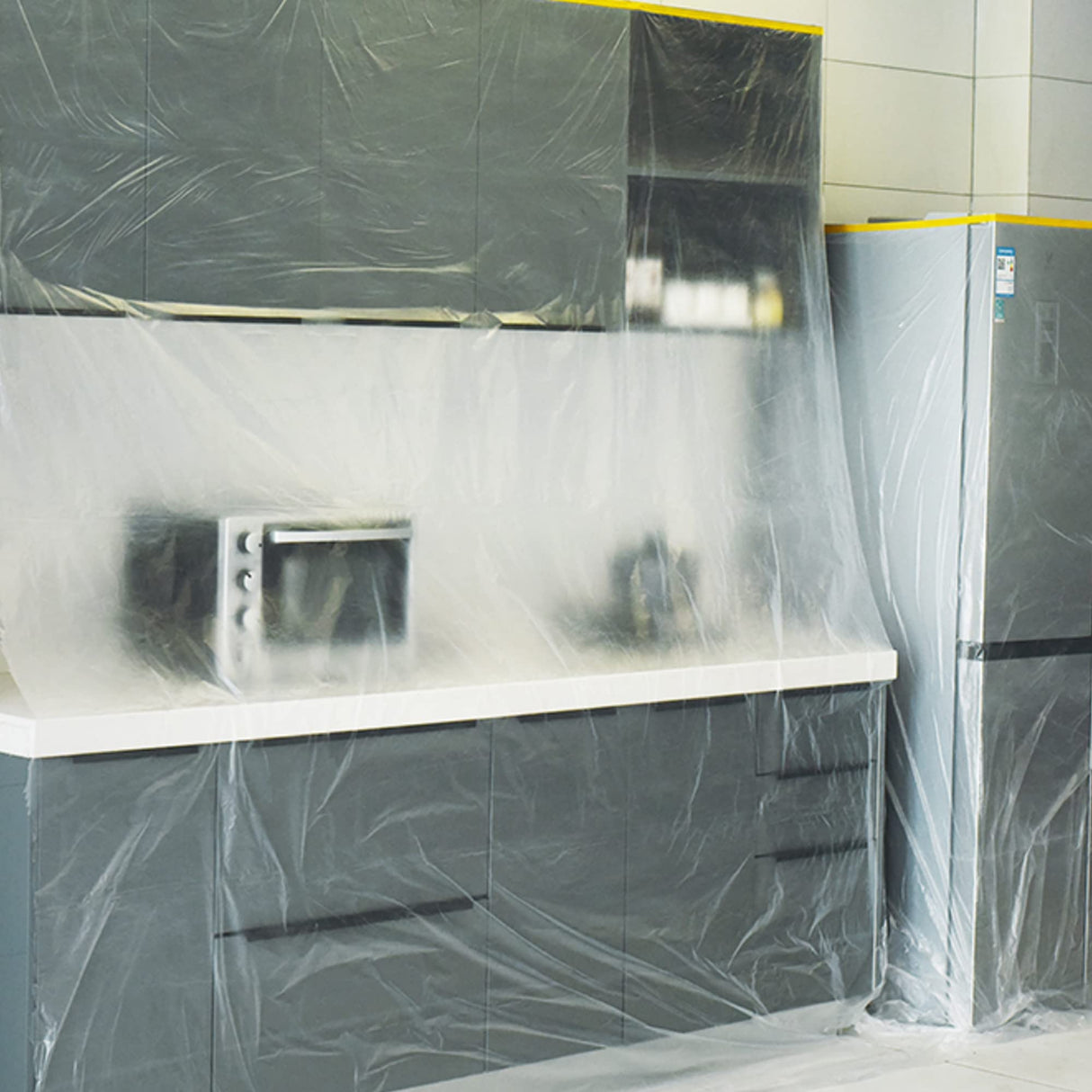 TAPEBEAR Pre-Taped Masking Film, Tape and Drape, Plastic Sheeting Roll, Automotive Painters Masking Tape Film, Plastic Sheeting Cover for Appliance and Furniture, 22inch X 30yard, 3Rolls TAPEBEAR