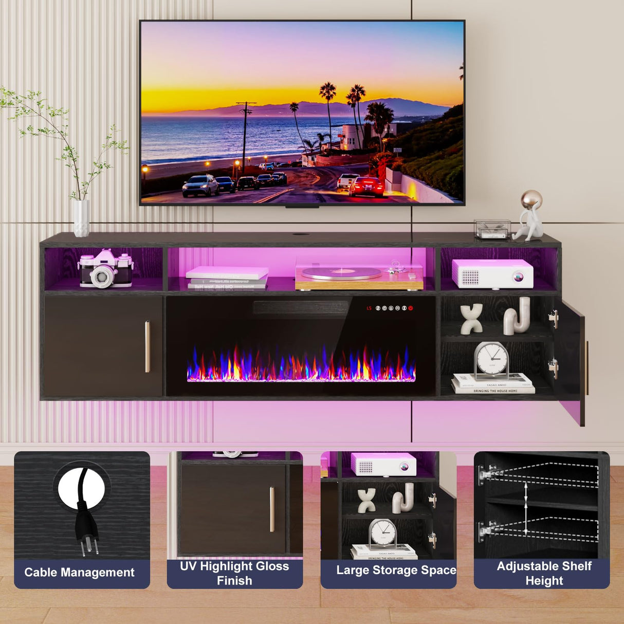 PRETZI Floating Fireplace TV Stand, 70" Wall Mounted Entertainment Center with 36" Fireplace for TVs Up to 80", LED Modern Wood TV Console with High Gloss Cabinet for Living Room (Black) PRETZI