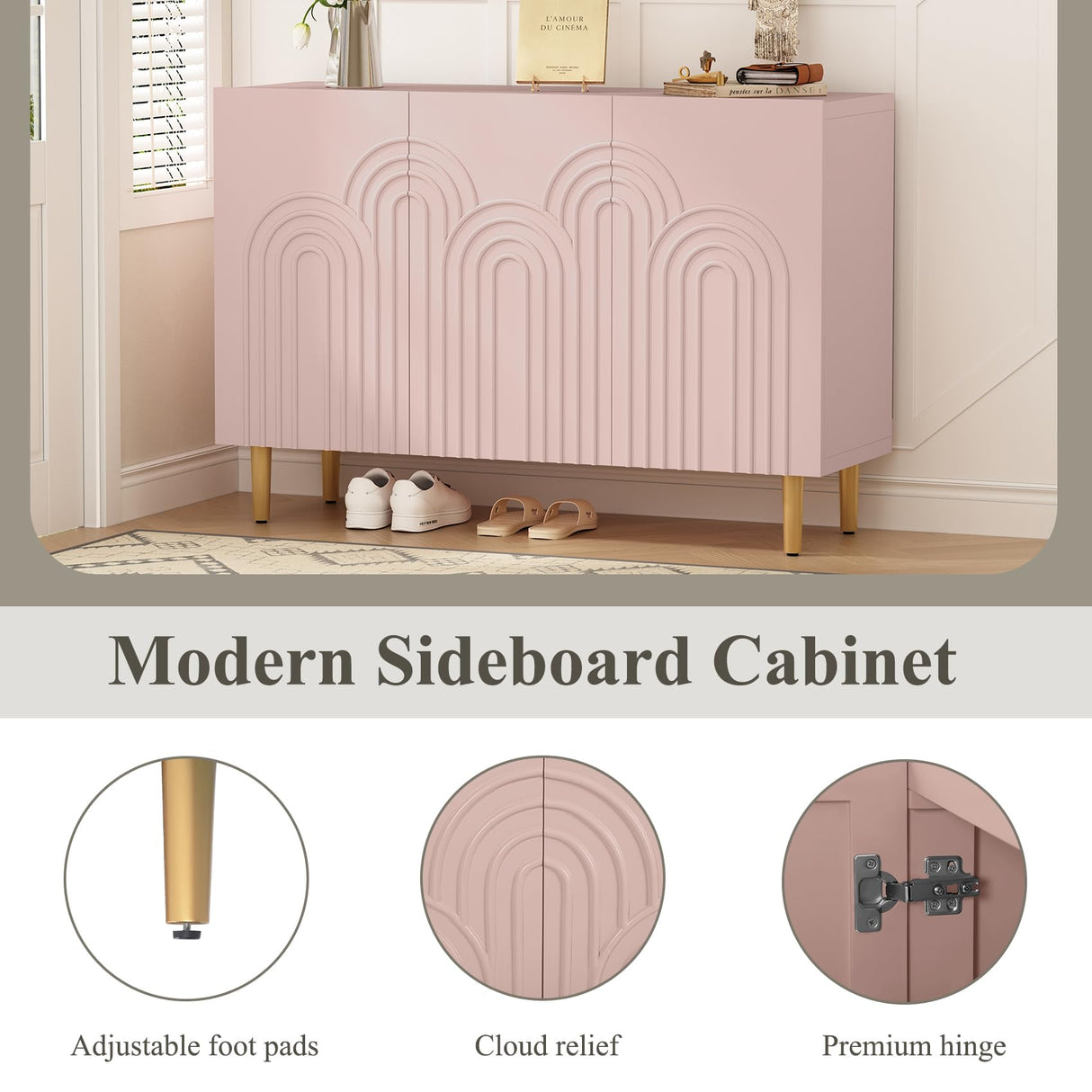 ARTPOWER 47" Accent Cabinet with Cloud Relief, Sideboard Buffet Cabinet with 3 Doors,Modern Buffet Cabinet,Credenza Storage Cabinet for Living Room, Kitchen, Dining Room, Hallway, Entryway, Pink ARTPOWER