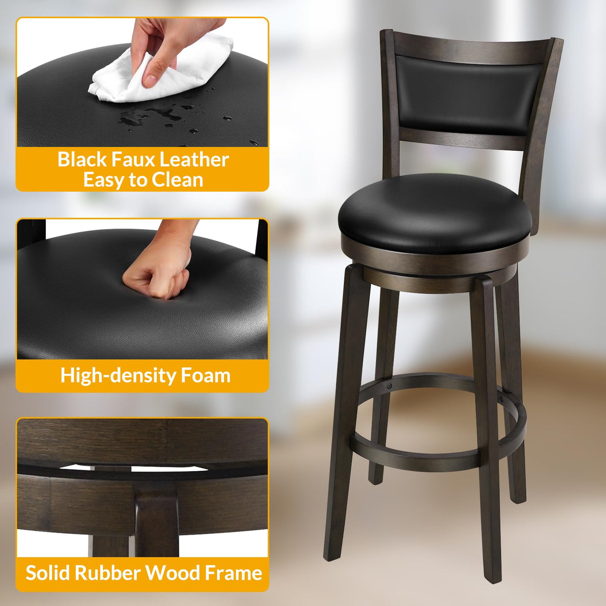 PrimeZone Swivel Bar Stools Set of 2, 30 Inch Bar Height Barstools, Black Faux Leather Bar Stool with High Backrest & Solid Wood Legs & Wrap-Around Footrest, Counter Stools for Kitchen Island, Pub PrimeZone