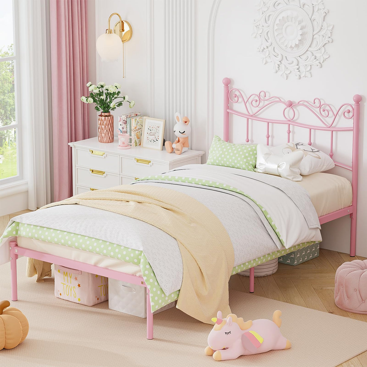 Merronix Twin Bed Frames with Headboard, Elegant Metal Pink Bed Frame for Kids Girls, Modern Heavy Duty Twin Size Platform Bed - No Box Spring Needed, 11.2 Inches Height Underneath Storage Merronix