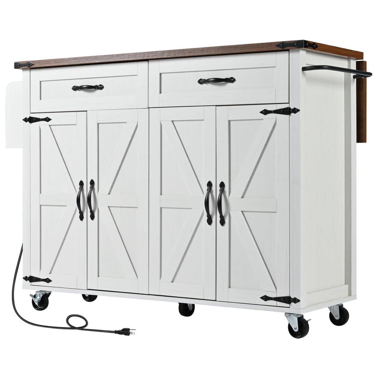 Bellemave 53.5" Farmhouse Kitchen Island cart, Kitchen Cart with Charging Station, Rolling Kitchen Island Table with Drop-Leaf, 2 Drawers, Large Kitchen Island, White Kitchen Island Bellemave