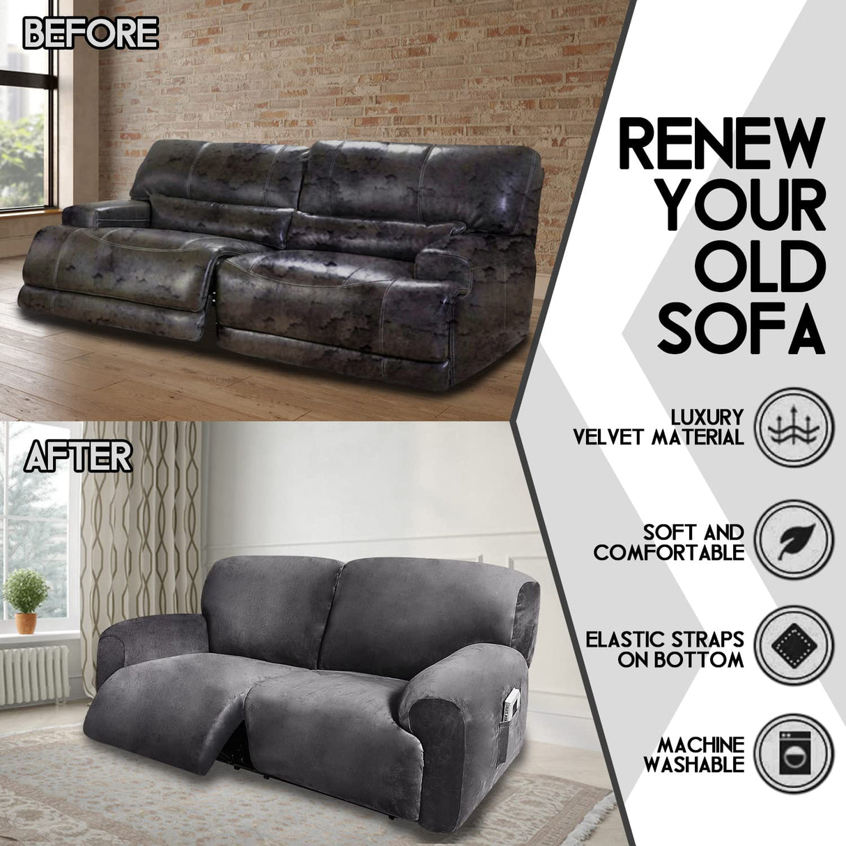 ULTICOR Extra Wide 75-100" 2 Seater Reclining Sofa Slipcover, Velvet Stretch 6-Piece, Soft Washable (Dark Grey) ULTICOR