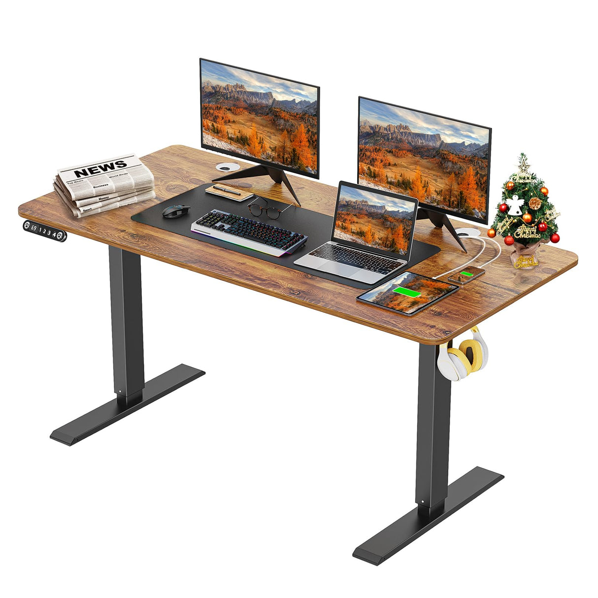 Legooin Standing Desk, 48'' X 24'' Adjustable Height Desk, Ergonomic Home Office Sit to Stand Desk, 27''-46'' Lifting Range Stand Up Desk with Double Hooks(Brown) Legooin