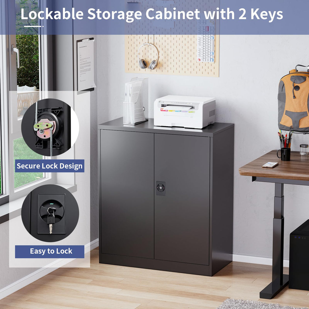 LISSIMO Metal Garage Storage Cabinet,Black Cabinet with Doors and Adjustbale Shelves,Lockable Tool Cabinet for Home Office and School Assembly Required LISSIMO