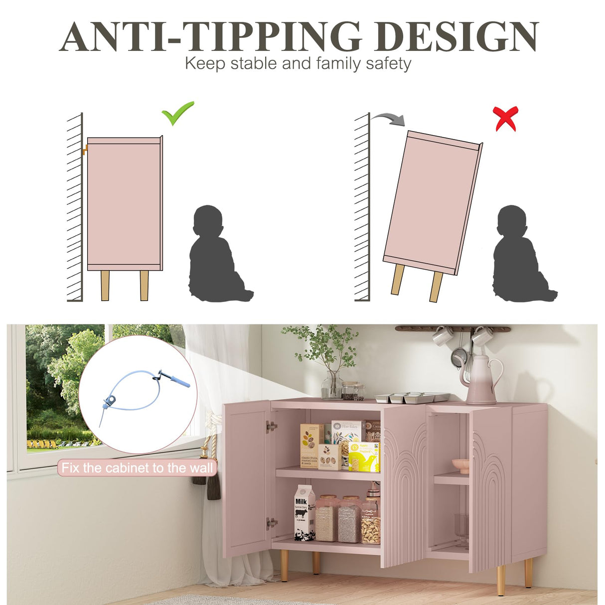 ARTPOWER 47" Accent Cabinet with Cloud Relief, Sideboard Buffet Cabinet with 3 Doors,Modern Buffet Cabinet,Credenza Storage Cabinet for Living Room, Kitchen, Dining Room, Hallway, Entryway, Pink ARTPOWER