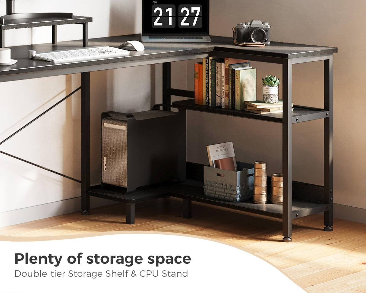 ODK 47 Inch Small L Shaped Computer Desk with Reversible Storage Shelves, L-Shaped Corner Desk with Monitor Stand for Small Space, Modern Simple Writing Study Table for Home Office Workstation, Black ODK
