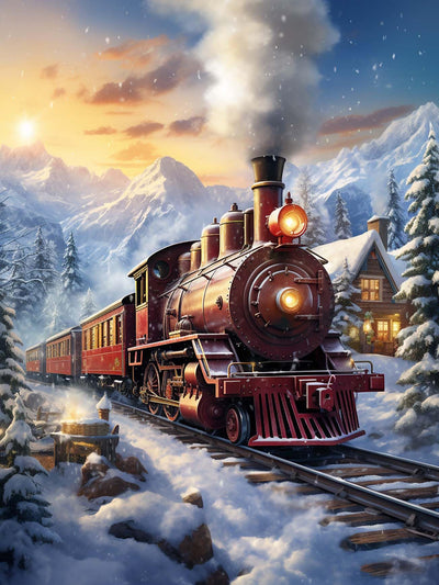 Ginfonr DIY 5D Diamond Art Kits for Adults, Snow Train Diamond Painting for Adults, Diamond Art Landscape Full Drill, Diamond Art Kits Embroidery Rhinestone Craft for Home Wall Decor 12 * 16 Inch