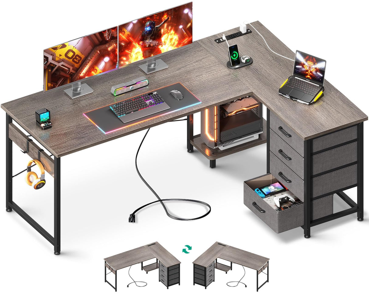 AODK L Shaped Desk with 4 Tier Drawers, 61" Reversible Gaming Desk with Power Outlets, L Shaped Computer Desk with USB Charging Port and Host Stand, Home Office Corner Desk, Easy to Assemble, Grey Oak AODK