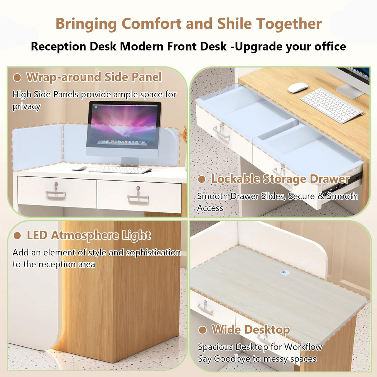 HEOTJUUQ Modern Reception Desk with Curved Privacy Panel & LED Light Strip, Lockable Drawers, 6 Color Options Front Counter Desk, Retail Checkout Counter for Salon, Office, Boutique(Black) HEOTJUUQ