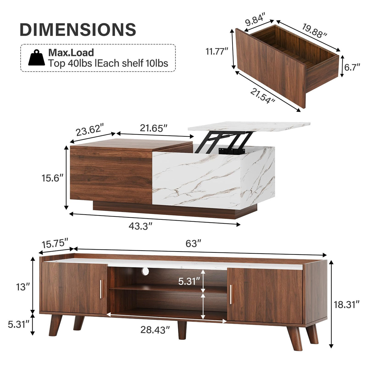 Svimi Modern Lift Top Coffee Table & 65" TV Stand Set of 2, Extendable LED Entertainment Center with Power Outlets/Hidden Storage(Walnut Brown & White Coffee Table + Walnut Brown TV Stand) Svimi