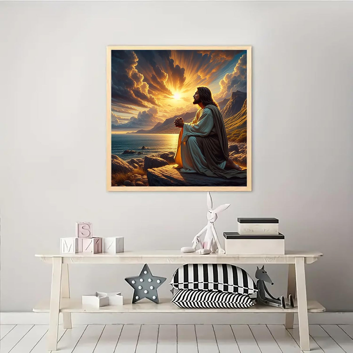 Jesus Seashore Prayer Diamond Art Kits for Adults, 5D Diamond Painting Kits for Adults Beginners, DIY Full Round Drill Diamond Dot Painting Gem Art Kits for Adult, Home Wall Decor 13.8x13.8 Inch VCLKDIY