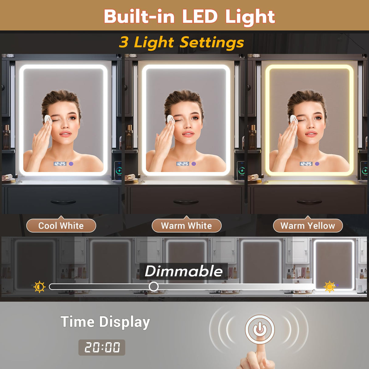 Tiptiper Large Makeup Vanity with Lights, Vanity Desk with LED Mirror & Charging Station, Vanity Set with 5 Drawers, 4 Cabinets & Time Display, Black Tiptiper