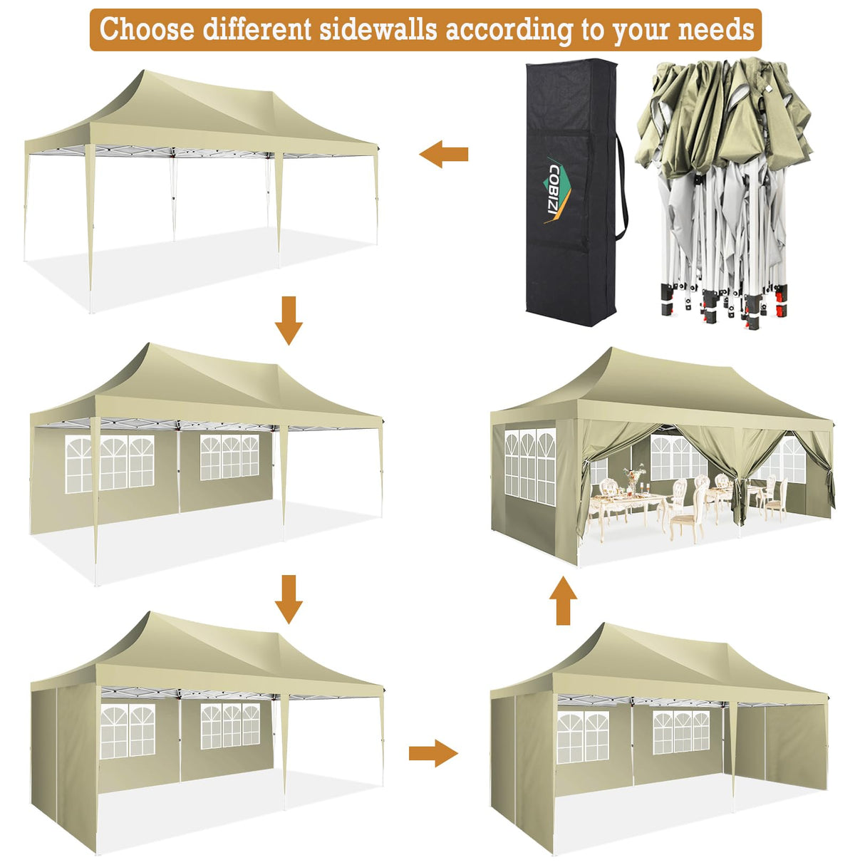 COBIZI 10x20 Pop Up Canopy Tent with 6 Sidewalls, Wedding Party Tent Outdoor Gazebos UV50+ Waterproof Canopy Tent Event Shelter for Parties, 3 Adjustable Heights, with Carry Bag(Khaki) COBIZI