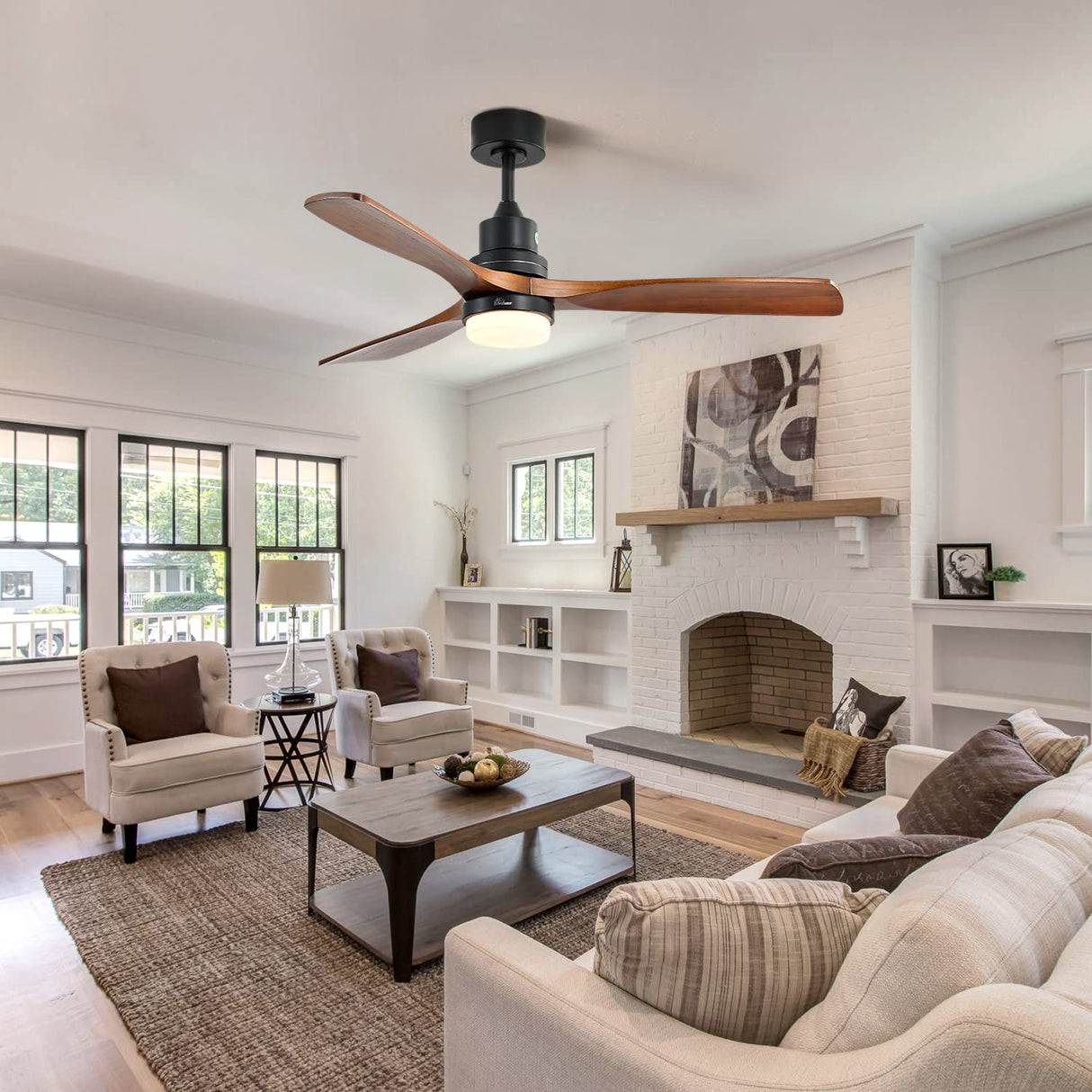 Sofucor 52 Inch Ceiling Fan With Lights Remote Control 3 Wood Fan Blade Ceiling Fans Noiseless DC Motor Solid Walnut and Matte Black For Farmhouse Modern Style Sofucor