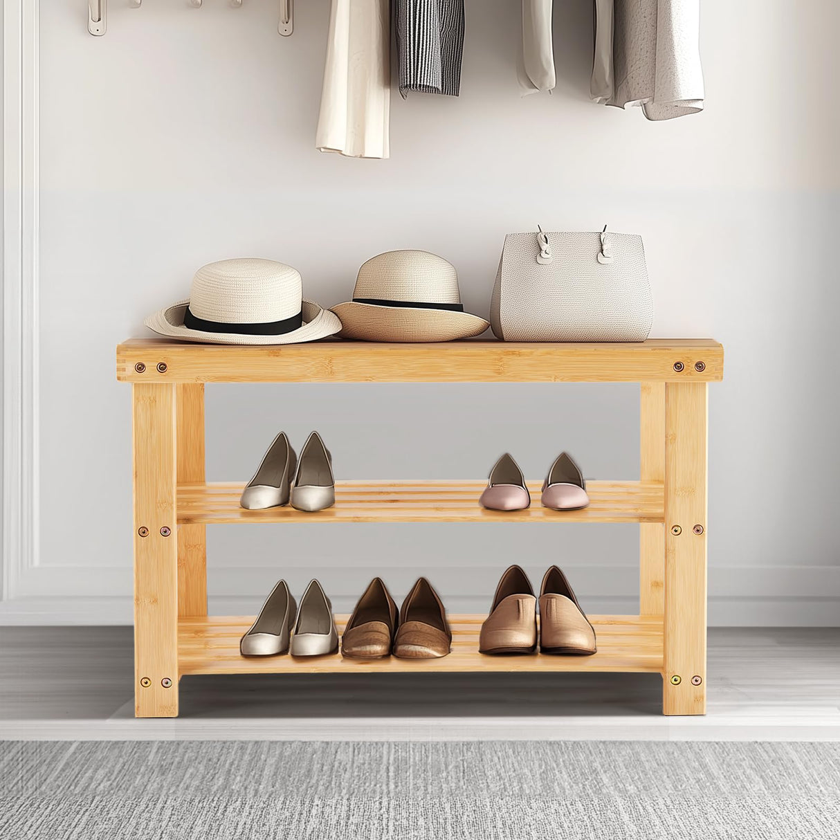 Sweetcrispy 3-Tier Bamboo Shoe Rack Bench, Compact Storage Organizer, 286lb Capacity, Suitable for Entryway Bedroom Living Room Balcony, Brown, Dimensions 11.3 x 27.6 x 17.8 Inches, Wood Sweetcrispy