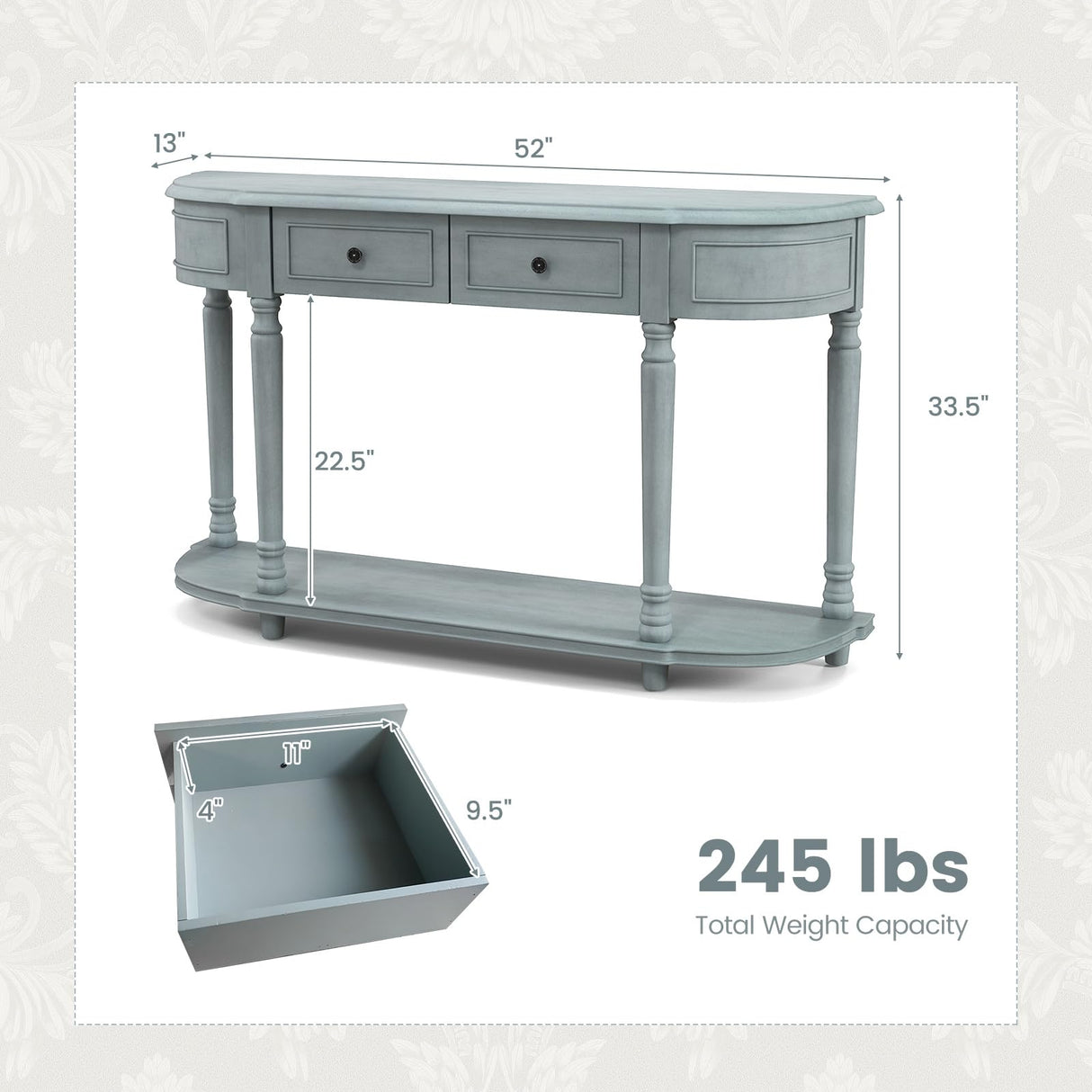 Giantex Console Table with Storage, 52” Long Sofa Table with 2 Drawers, Open Shelf, Solid Wood Legs, Narrow Entryway Table, Foyer Table, Vintage Giantex