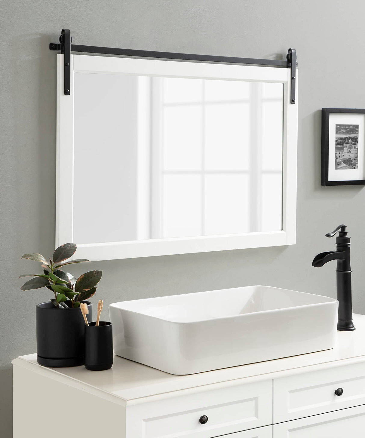 Kate and Laurel Skylan Modern Farmhouse Decorative Wood Framed Wall Mirror, 38 x 27, White and Black, Barn Door-Inspired Transitional Wall Hanging Mirror for Bathroom or Living Room Uses Kate and Laurel