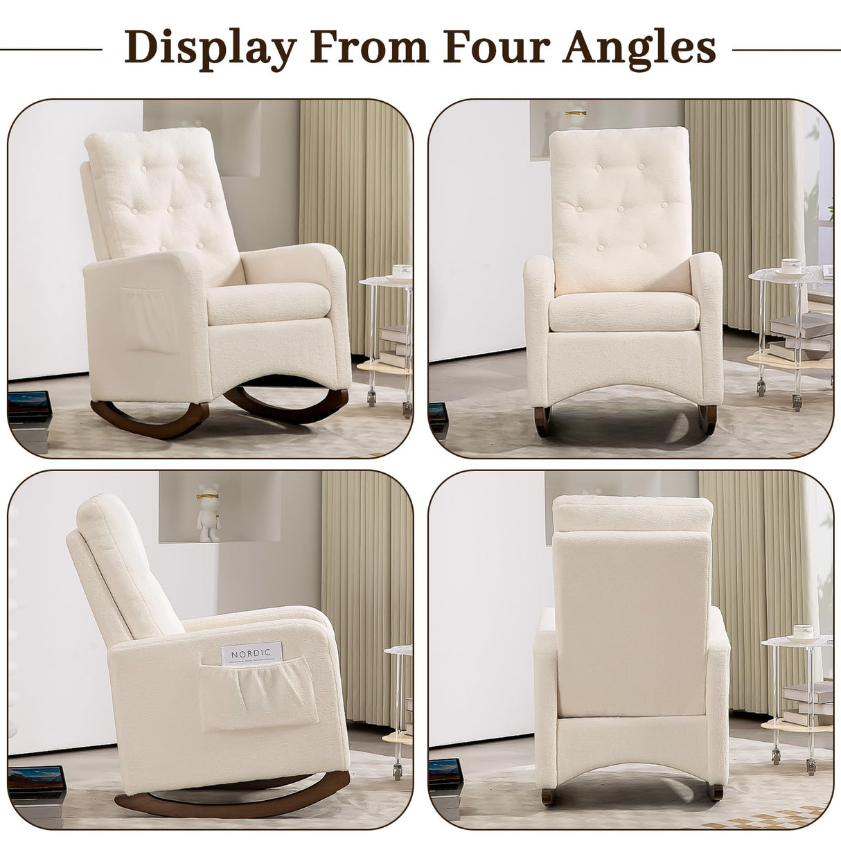 GarveeHome Upholstered Rocking Chair Accent Chair, Nursery Rocking Chairs in Teddy Fabric with High Backrest, Side Pocket and Rubber Wood Legs, Comfy Nursing Chair for Living Room, Gray (White) GarveeHome