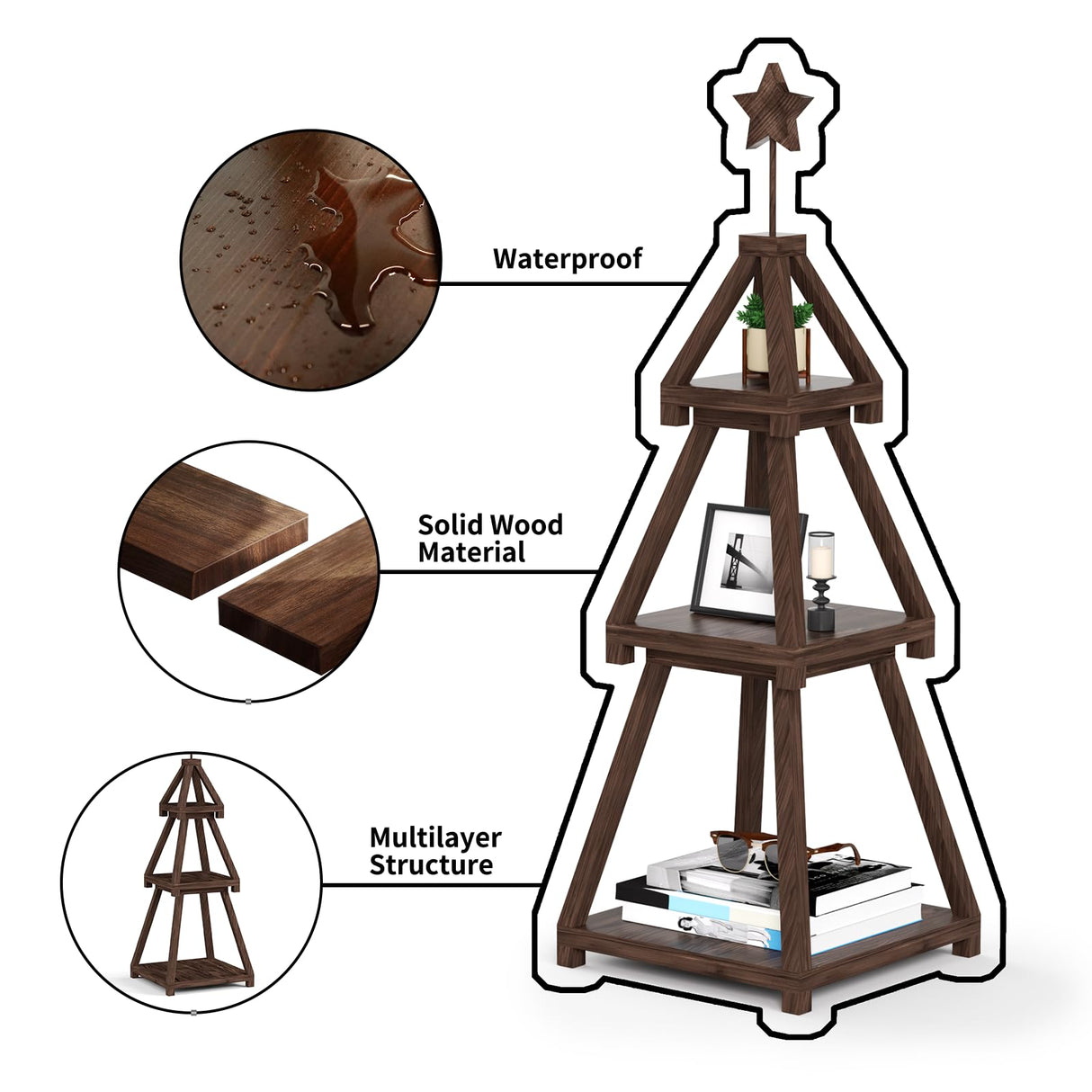 Cotata 41.3 inch 3-Tier Christmas Bookcase,Ladder Corner Solid Wood Tree Bookshelf for liveroom,Walnut Cotata