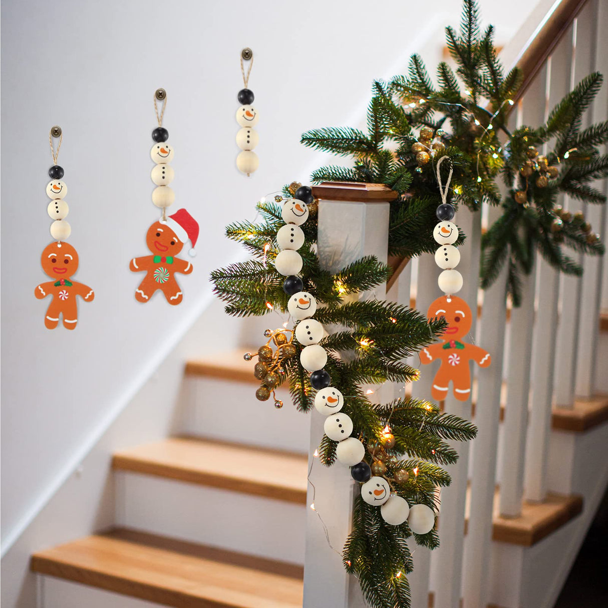 Queekay 160 Pcs Christmas Wooden Beads Snowman Wood Polished Rustic Farmhouse Craft with 32.8 Feet Rope for Xmas DIY Craft Supplies Wooden Beads for Gifts(Bead Style,Black and Wood) Queekay