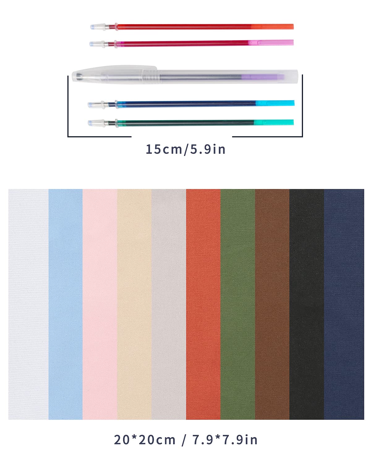 Caydo 10 Pieces Embroidery Fabric, Including 10 Colors Embroidery Cotton Fabric, 5 Colors Water-Soluble Pens, 7.9 by 7.9 Inch Caydo